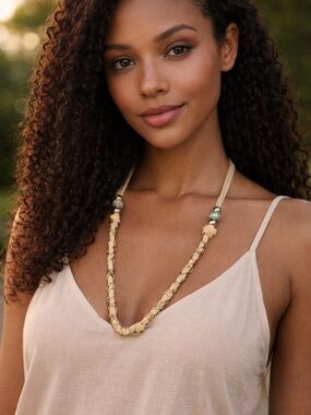Neutral Beige Braided Necklace with Decorative Beads